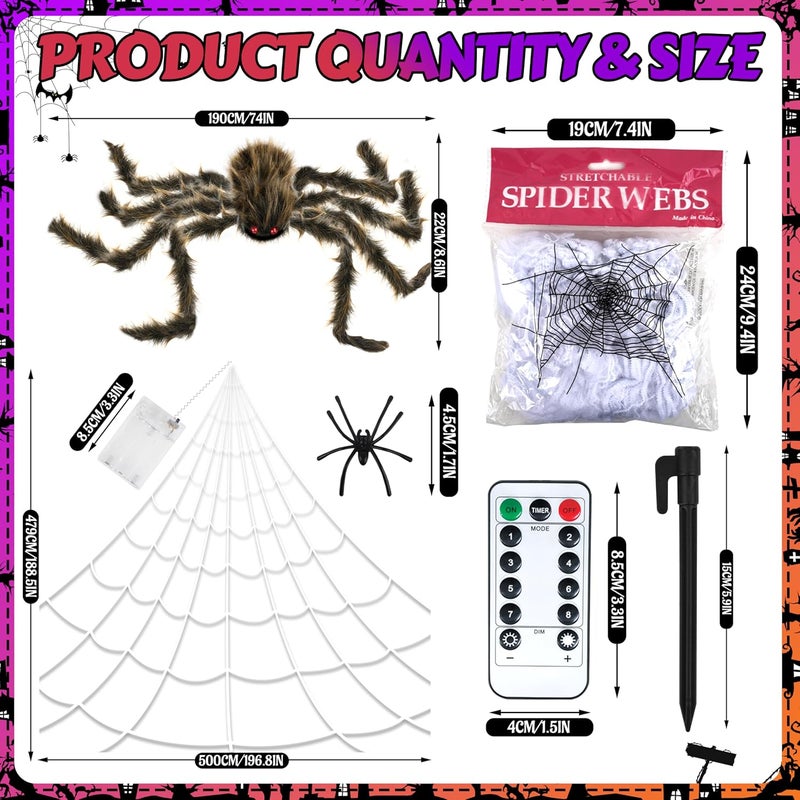 Seifar Halloween Spider Web Lights Giant Spider, 16.4Ft 450 LED Lighted Spider Web with with 8 Lighting Modes Waterproof & Timer for Indoor Outdoor House Haunted Yard Decor,Purple&Orange - Image 2